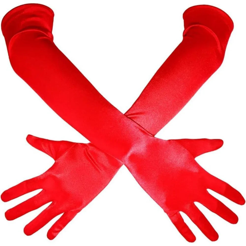 Women's Red Shiny Satin Long Gloves Elbow Length Wedding Dancing Party Tea